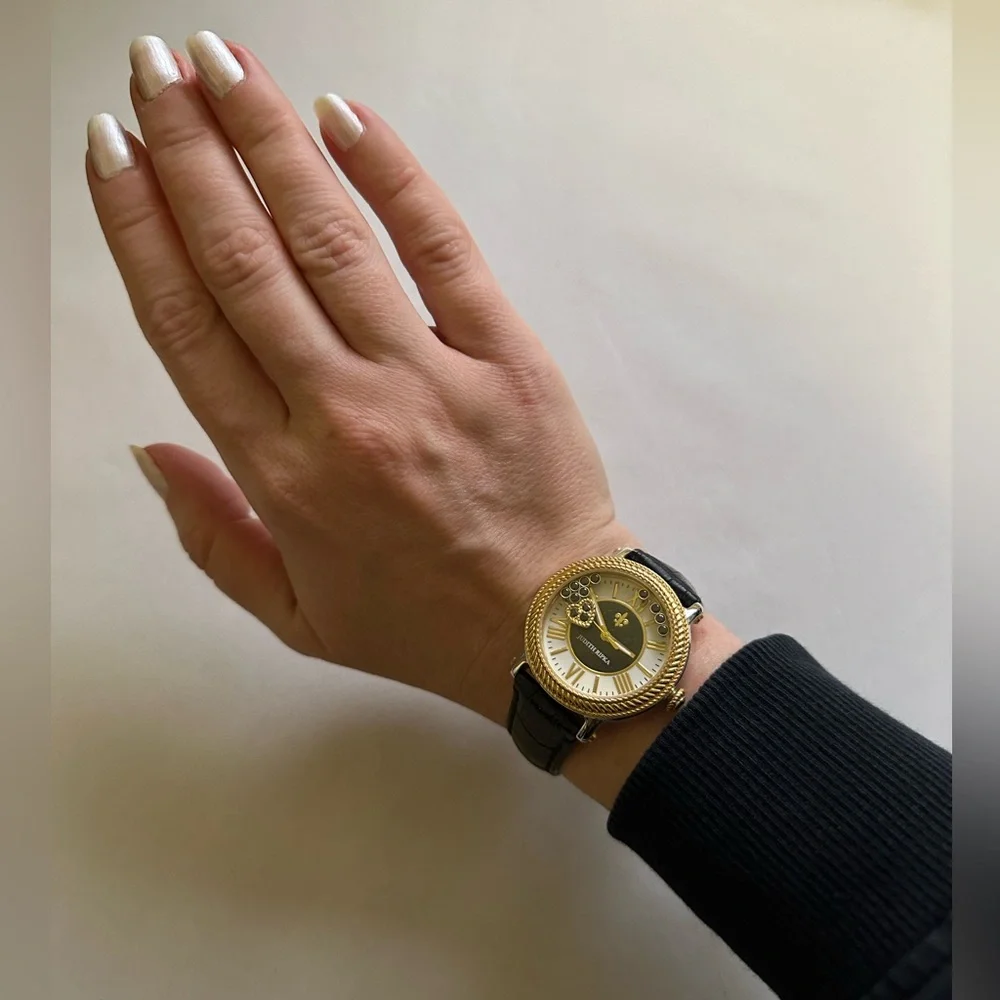 Judith Ripka Gold/Black Odyssey Diamonique Stainless Steel Leather Watch